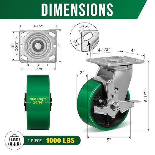 5 Inch Caster Wheels Heavy Duty, Polyurethane on Steel Wheel, Set of 4 Industrial Casters Load 4000lbs, Plate Caster for Carts, Pallet Trucks, Industrial Equipment(2 Brake & 2 Rigid)