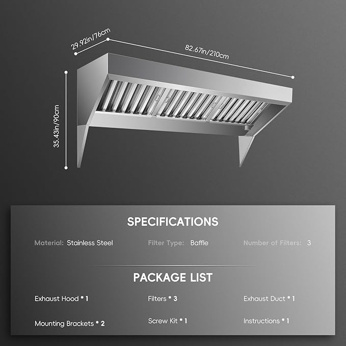 7FT Stainless Steel Commercial Exhaust Hood with 3 Removable u-Shaped Oil Filter Mesh, Rust-Resistant Ventilation Hood for Food Truck, Concession Trailer, and Restaurant Kitchen