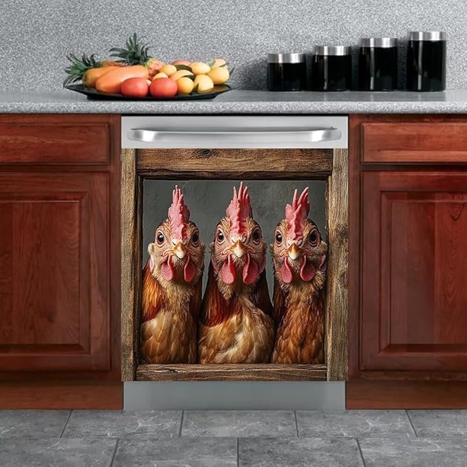 Country Rooster Dishwasher Magnet Cover, Farm Hen Dishwasher Cover for Kitchen Decoration, Chicken Magnetic Refrigerator Magnet Cover Funny Fridge Decal, 23"X17"