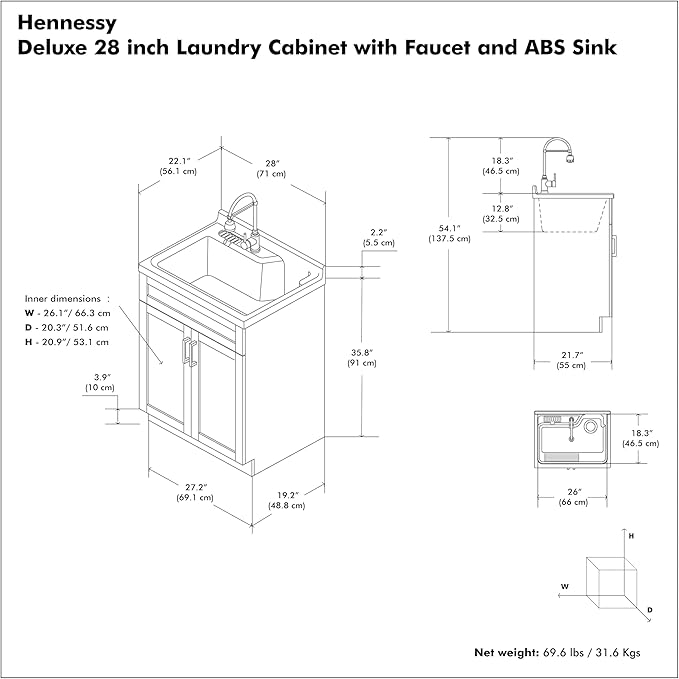 SIMPLIHOME Hennessy All-in-One 28 inch Wide Utility Sink and Laundry Cabinet in Pure White Finish, Transitional ABS Sink Cabinet for Laundry Rooms with High-Arch Chrome Faucet and Pull-Out Spray