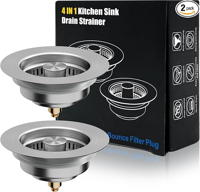 Kitchen Sink Drain Strainer, 4 in 1 All Stainless Steel Sink Strainer, Pop Up Anti-Clogging Sink Stopper, Sink Strainer with Copper Bounce for US Standard Sink Accessories, 2 Packs