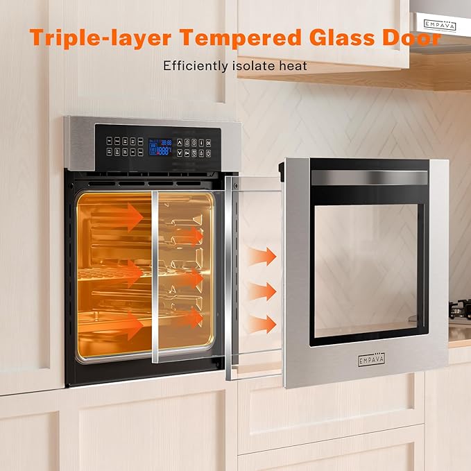 Empava 24 Inch Electric Single Wall Oven with 10 Cooking Modes, Convection Fan and Rotisserie, Screen Touch Control, Stainless Steel