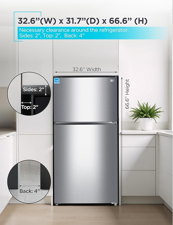 BLACK+DECKER 24 Cu. Ft. Top Mount Refrigerator with Ice Maker, 2-Door Refrigerator with Top Freezer, Freezer with Icemaker and Adjustable Temperature Control, ENERGY STAR, BR2400JIMS, Stainless Look