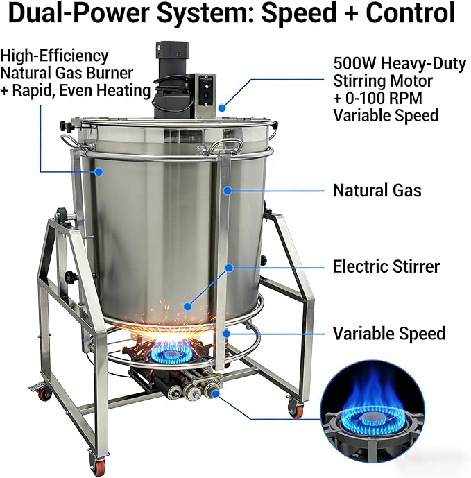 270L Commercial Mixing Kettle Electric Stirrer & Natural Gas Heating for Soup/Sauce/Stew/Porridge/Hot Pot Base Automatic Food Mixer 500W SUS304 Stainless Steel Adjustable Stirring 110V