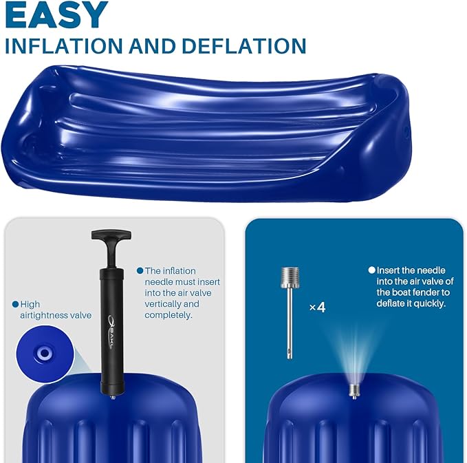 Boat Fenders 4 Pack 10 x 28 Inches Ribbed Center Hole Boat Fenders Bumpers for Docking, Comes with Ropes and Pump to Inflate