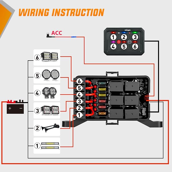 Nilight 6 Gang Switch Panel Blue Circuit Control Relay System with Fuse Wiring Harness Toggle Momentary Strobe Flash Modes Automatic Dimmable ON Off Pod 12V 24V for Car Truck Camper SUV