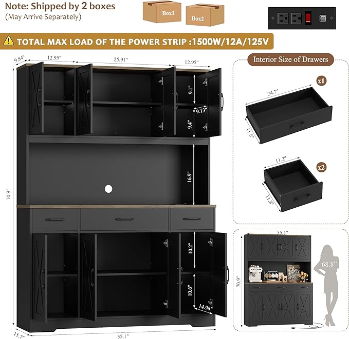 HOSTACK 71" Tall Pantry Cabinet with Charging Station, 55" Wide Kitchen Pantry Storage Cabinet with Countertop, Large Kitchen Hutch with Storage Drawers and Doors for Dining Room, Living Room, Black