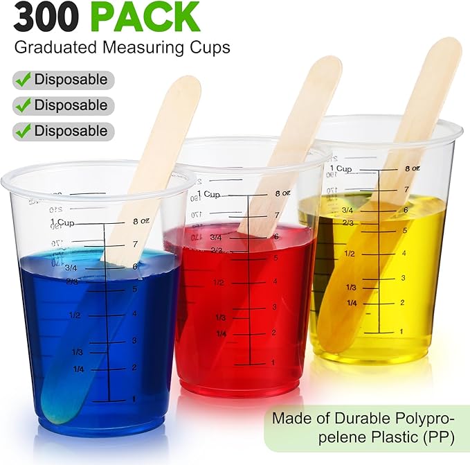 Yunsailing 300 Pack Disposable Measuring Cups for Resin 8 oz Clear Plastic Epoxy Reusable Liquid Mixing Cups for Cooking and Baking Supplies