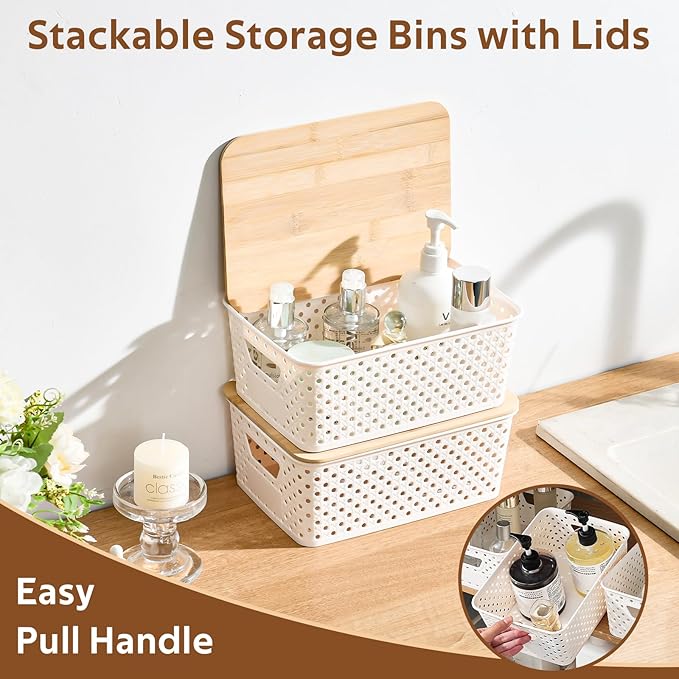 8 Pack Plastic Storage Bins with Bamboo Lids - Stackable Storage Baskets with Handle for Pantry Organizer and Storage, Plastic Containers Bins Lidded Storage Bins for Classroom Office Shelves