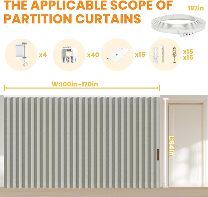 AJAZZ 100% Blackout Accordion Room Divider Curtains - with Flexible Ceiling Track Total Privacy Sound Proof Curtains Suitable for Bedroom Patio Sliding Door(Grey, W180 x L84, 1 Pack)