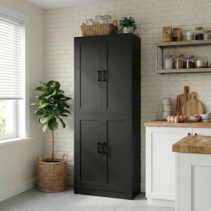 71" Tall Kitchen Pantry Cabinet, Freestanding Food Storage Organizer with Doors & Adjustable Shelves, Large Utility Hutch Cupboard for Dining Room, Living Room, Bathroom & Home Offic, Black