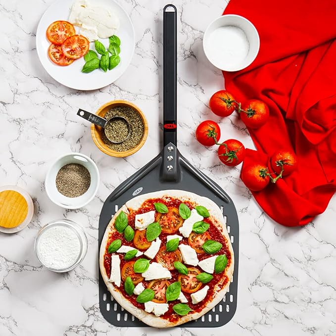 TKC 14" Aluminium Pizza Peel - Durable, Perforated Design for Easy Dough Transfer, Heat-Resistant Handle, Compatible with all Pizza Ovens - Indoor/Outdoor - Lightweight, Non-Stick (Black)