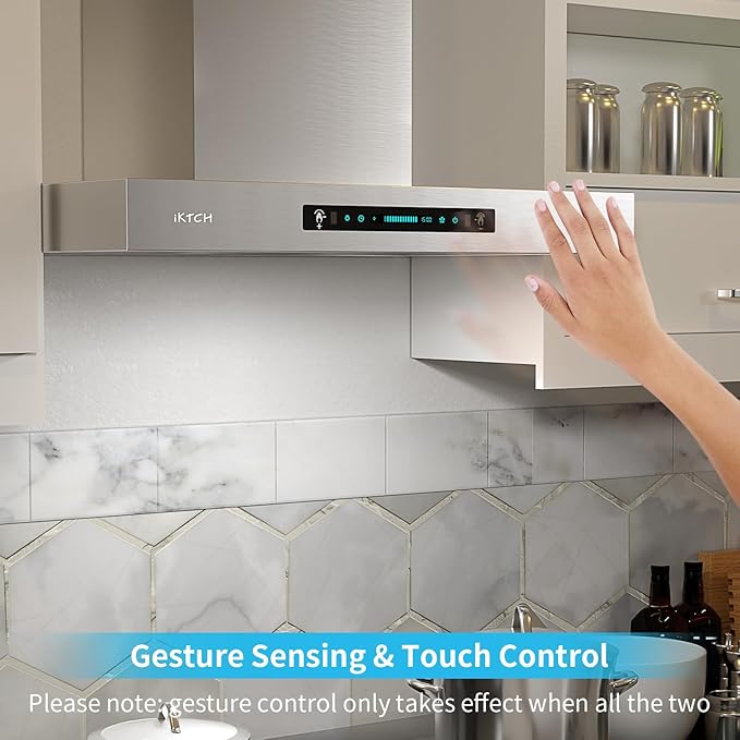 IKTCH 30 inch Wall Mount Range Hood, 900 CFM Ducted Range Hood with 4 Speed Fan, Durable Stainless Steel with Gesture Sensing & Touch Control IKP01-30