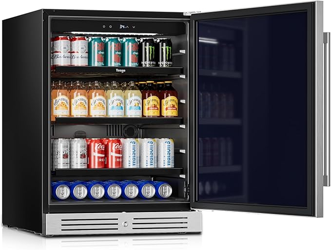 Yeego 24 Inch Beverage Refrigerator, 160-Can Beverage Cooler with Lock & Auto Defrost, Stainless Steel Indoor & Covered Outdoor Beverage Fridge, Freestanding or Under Counter for Beer, Soda & Wine