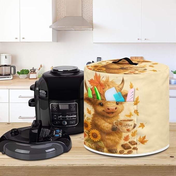 Thanksgiving Day Decor Kitchen Appliance 8 Quart Pressure Cooker Air Fryer Rice Cooker Dust Cover with Top Handle and Storage Pocket Maple Leaf Cute Highland Cow