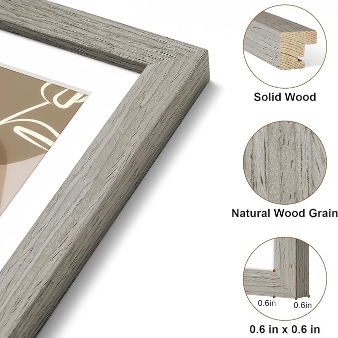 Vittanly 12x16 Picture Frame, Solid Wood Frame with Plexiglass, Includes 8.5x11 Mat, Wall Hanging for Photos, Home Decor, Grey, 1 Pack