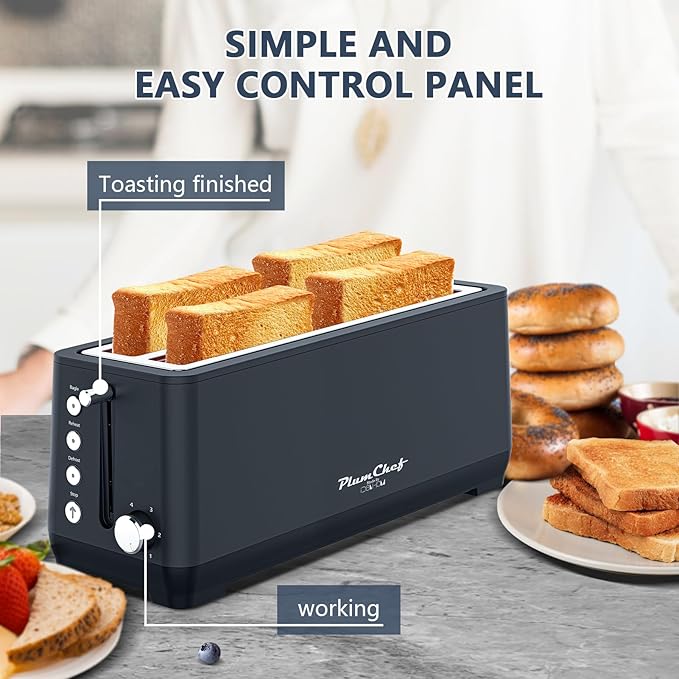 4-Slice Toaster, Extra Wide Long Slot Toaster, Removable Crumb Tray, 6 Browning Settings, Bagel/Defrost/Reheat Functions,Stainless Steel Housing 1500W, Matte Blue