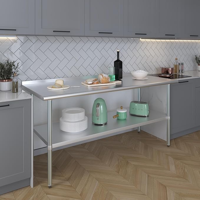 AmGood Stainless Steel Work Table with 1.5" Backsplash | Metal Kitchen Food Prep Table | NSF (72" Long x 30" Deep)
