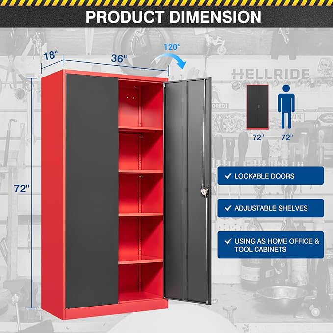 Metal Storage Cabinet-72” Tall Steel File Cabinets with Lockable Doors and Adjustable Shelves-Black&Red Steel Storage Cabinet for Kitchen, Office, Garage
