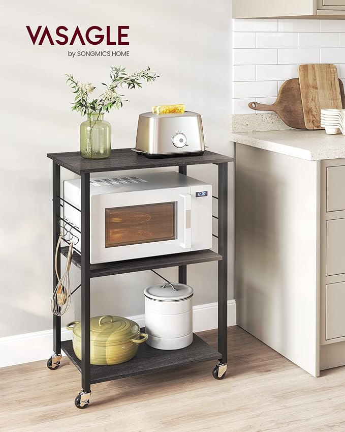 VASAGLE Kitchen Shelf on Wheels, 23.6 Inches Serving Cart with 3 Shelves, Kitchen Cart, Microwave Shelf, for Mini Oven, Toaster, with 6 Hooks, Industrial Style, Ebony Black and Ink Black UKKS060B42