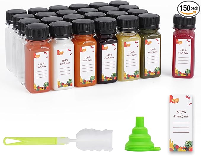 Plastic Juice Bottles 150 pcs 2 oz Empty Plastic Water Bottles with Caps Reusable Clear Beverage Containers for Drinking, Juicing, Smoothie, Water with 2 Brushes, 2 Funnels, 160 Stickers