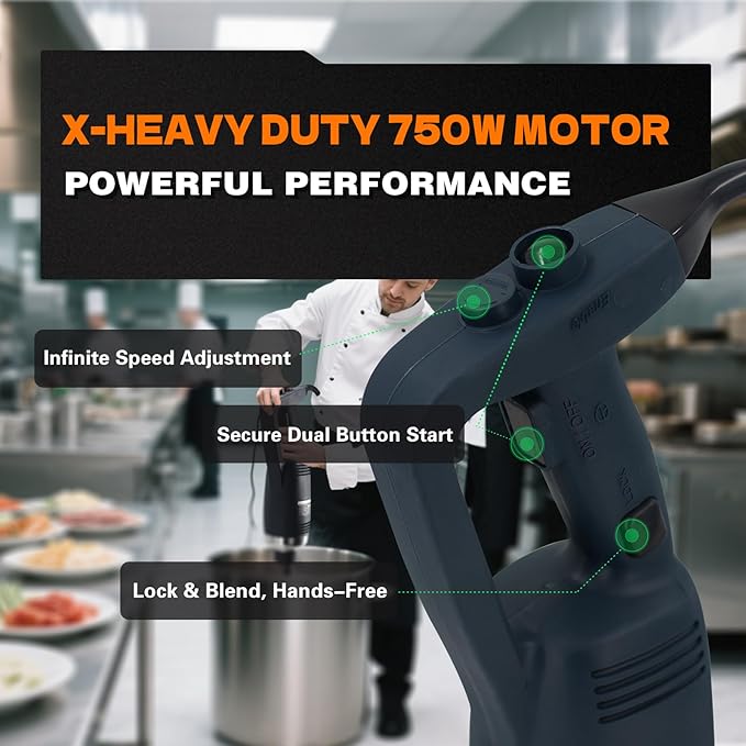 X-Heavy Huty 750W Commercial Immersion Blender, 22 Inch Removable Shaft, 8,000-19,000 RPM Variable Speed, 64 Gallons Hand Mixer, Secure Dual Button Start.