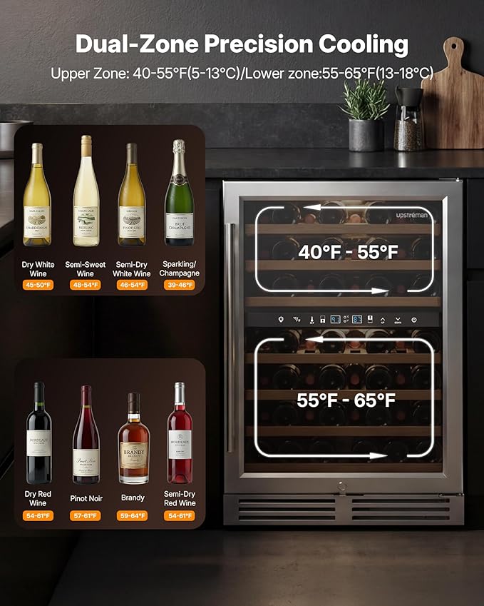 Upstreman 24 Inch Wine Fridge, 54 Bottles Dual Zone Wine Cooler Refrigerator, Small Built-in or Freestanding Wine Fridge with Stainless Steel Glass Door for Home, Office, or Kitchen, W54