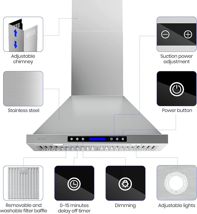 Range Hood, EKON NAP02 900CFM Wall Mount Range Hood Ducted/Ductless Convertible Kitchen Chimney Vent, 4 Speeds Touch Control/Remote,Delay Shut Off Function,Dishwasher-safe Filters (NAP02-30IN)