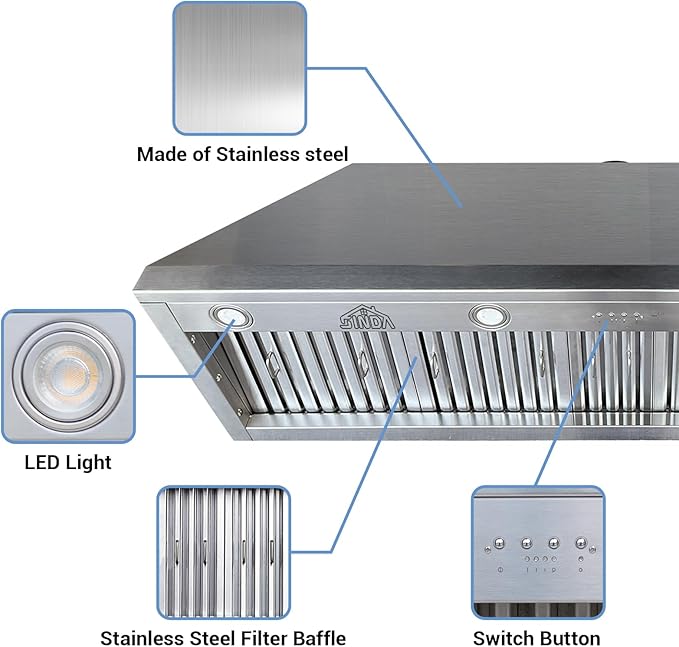 SINDA 60 Inch Built-In/Insert Range Hood, 4-Speed 1260 CFM, Stainless Steel Under Cabinet Range Hood Kitchen Vent Hood with Liner and Internal Motor, 8" Duct, Adjustable Lights, Baffle Filter
