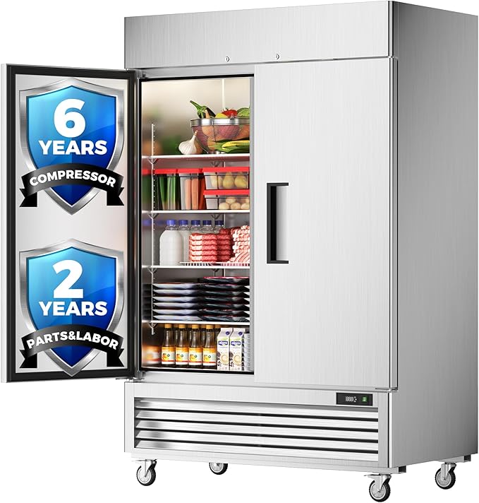 Coolski 54’’ Wide Commercial Refrigerator with 8 Shelves, Stainless Steel Reach-in Refrigerators with 49 Cu.Ft. Capacity 2 Solid Doors for Restaurant Cafe Garage, ETL NSF Approved