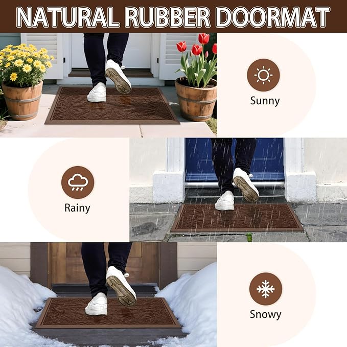 FRAMICS Front Door Mat Outside Entrance, Heavy Duty Rubber Door Mats Non-Slip Waterproof Welcome Doormat Outdoor, Low Profile Patio Doormats Dirt Trapper Indoor Mats for Entryway, 17x30 Inches, Brown