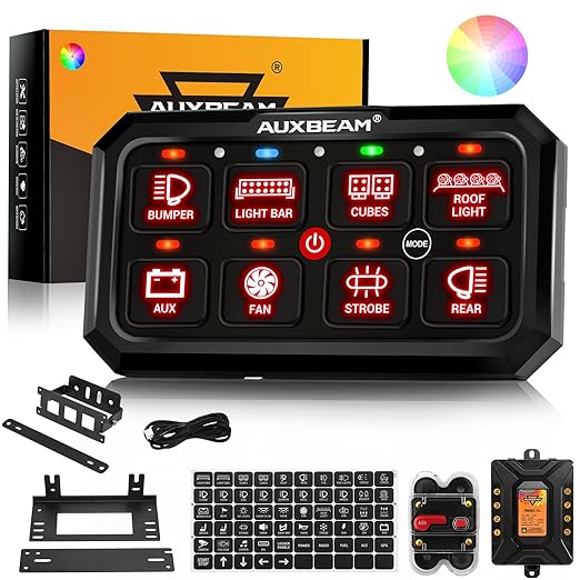 Auxbeam 8 Gang Switch Panel RB80 XL 5.3 Inch RGB Switch Pod Toggle Momentary Pulsed 12-24V Led Switch Panel Auxiliary Circuit Control Relay System for Truck Car Offroad UTV Waterproof 2 Years Warranty