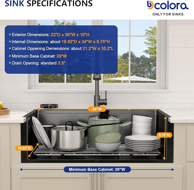 Dcolora 36 In. Black Kitchen Sink with Cup Washer, Large Single Bowl Drop In Installation, Heavy Duty 16 Gauge 304 Stainless Steel, Workstation with Valued Accessories, 36"x22"x10" #DC-T2533003BWS
