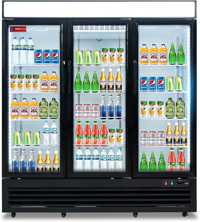 WESTLAKE 73" W Merchandiser Commercial Display Refrigerator 3 Glass Door 3 Section Reach-in Glass Door Upright Fan Cooling 54 Cu.ft Cooler for Restaurant, Bar, Shop, etc