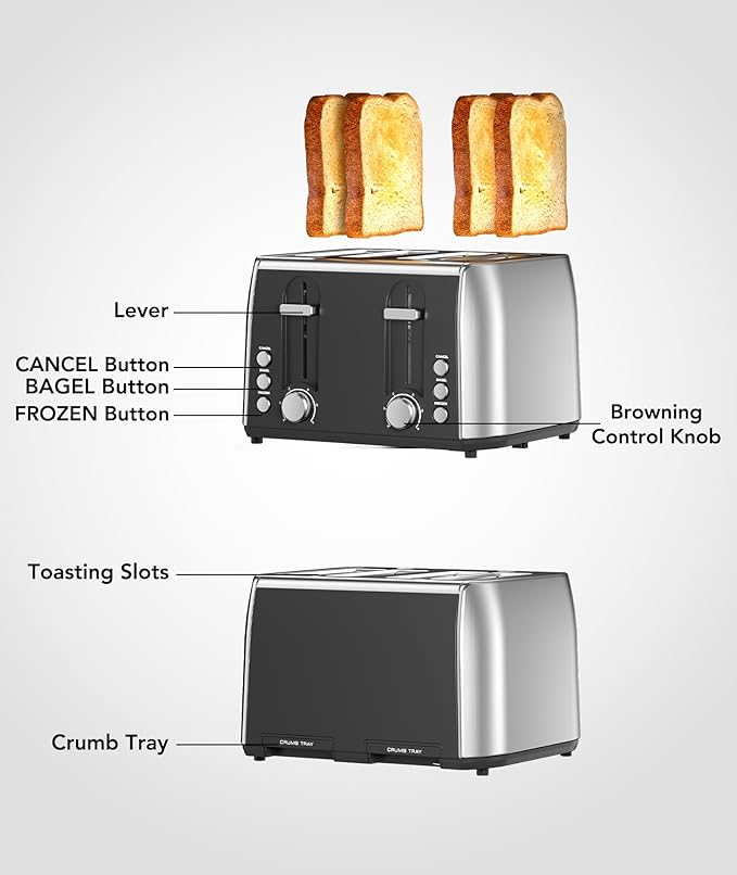 Toaster 4 Slice Retro Stainless Steel, 4 Slice Toaster with Extra Wide Slots with 6 Shade Settings, Toast Boost, Cancel Button, Perfect for Waffles, Bagels and More