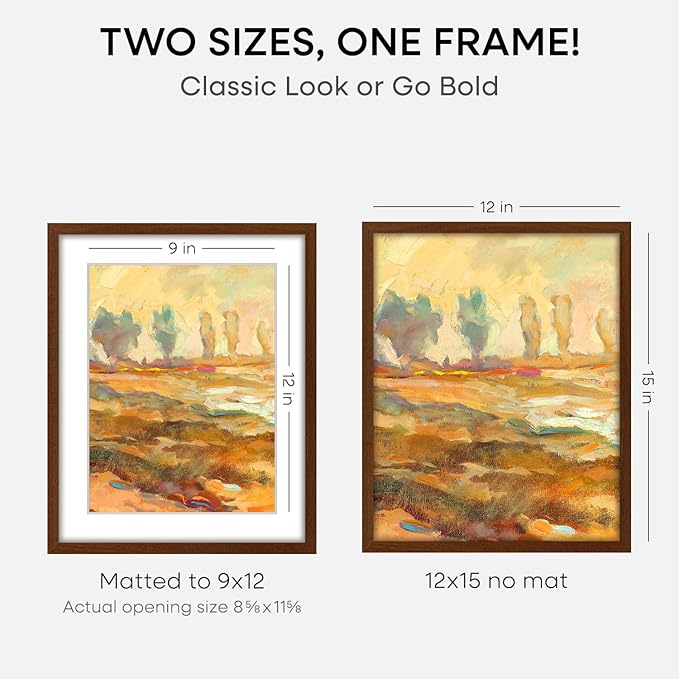 Homeforia 12x15 Picture Frame Brown, High End Dark Oak 12x15 Walnut Wood Poster Frame with Mat 9x12 Print, 12 x 15 Wooden Frame Matted to 9 x 12 Photo, 15x12 Frames, Tempered Glass, Wall Kit, Set of 1