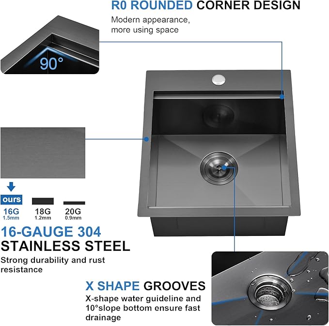 Scamall 15x15x9 Drop In Kitchen Sink Workstation, Nano Black 304 Stainless Steel Deep Single Bowl with Quick Drainage & Tarnish-Free Surface for Bar, Laundry, RV, Includes Accessories