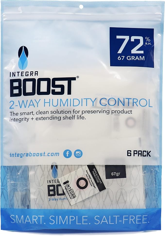 Integra Boost - 72% RH Level - 67 Gram Size - Two-Way Humidity Control Pack - Incl. Replacement Indicator Cards - Food Storage & Herbs Moisture Balancer For Up to 1 LB (Pack of 6)