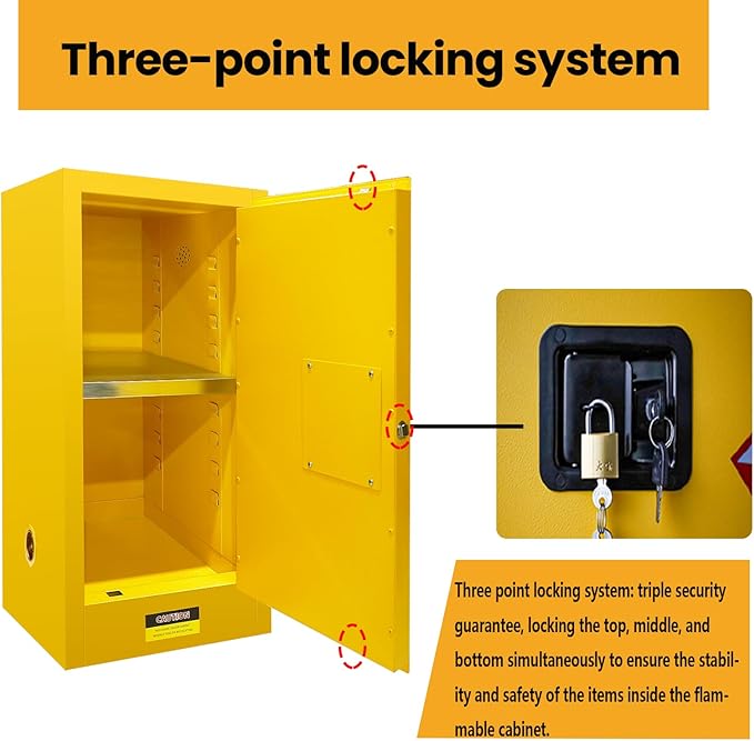 66 Gallon Flammable Liquid Storage Cabinet Fireproof Metal Cabinet with 3 Point Lock, Adjustable Shelves for Industrial, Scientific, Warehouse Use Yellow