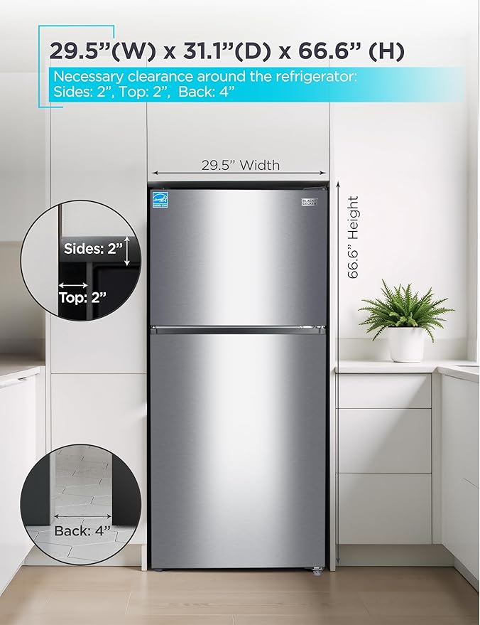 BLACK+DECKER 20.1 Cu. Ft. Top Mount Refrigerator with Freezer, 2 Door Fridge with Top Freezer and Adjustable Temperature Control, Full Size Kitchen Refrigerator, ENERGY STAR, BR2010JS, Stainless Look