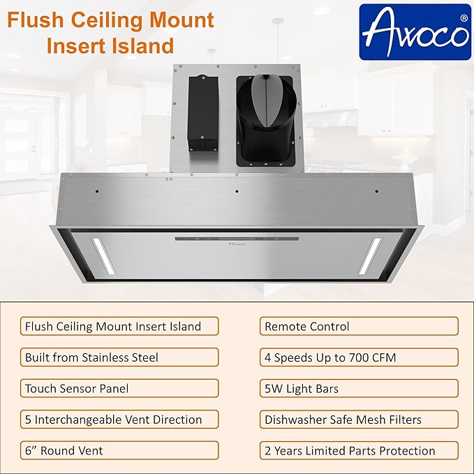Awoco 36”W Flush Ceiling Mount Insert Island Range Hood, Stainless Steel 4 Speeds 700 CFM, 6” Round Vent LED Lights Remote Control (36"W)