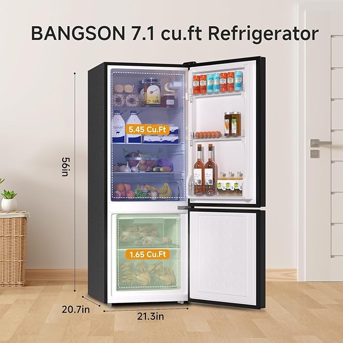 BANGSON 7.1 Cu.Ft Refrigerator with Freezer, Apartment Size Fridge with Bottom Freezer, Large Capacity, Energy Saving, Adjustable Thermostat, Low Noise, Black