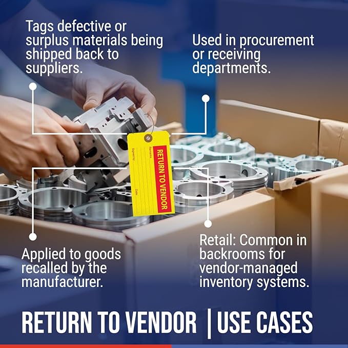 Tags 4 Less Production Quality Control Hang Tags – Equipment Preventative Maintenance Labels, for Easy Record-Keeping for Inventory Status (Return to Vendor, Pack of 100)