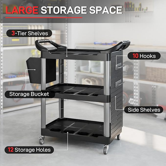HOMCOM 3 Tier Utility Cart on Wheels, Rolling Tool Storage with Pegboards and Bucket, 200 LBS Load Capacity Plastic Service Cart for Garage, Warehouse, Workshop, Black and Light Gray