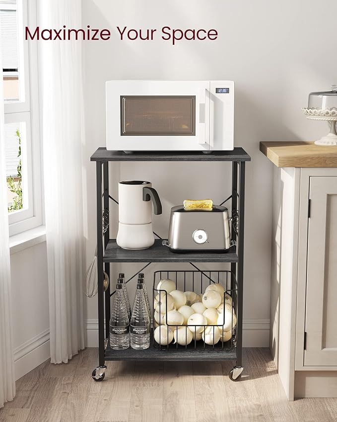 VASAGLE Kitchen Shelf on Wheels, 23.6 Inches Serving Cart with 3 Shelves, Kitchen Cart, Microwave Shelf, for Mini Oven, Toaster, with 6 Hooks, Industrial Style, Ebony Black and Ink Black UKKS060B42