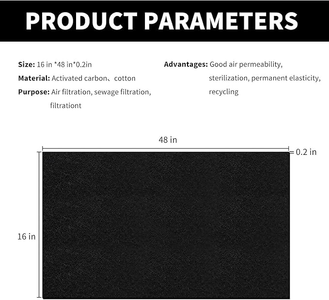 Cut-to-Fit Activated Carbon Filter Sheet Charcoal Air Vent Filters Pad Black Range Hood AC Replacement Fabric Filter 2 Pack 16" x 48" x 0.2"