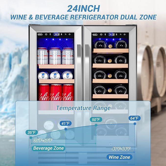 24 Inch Beverage Refrigerator Undercounter, Dual Zone Wine and Beverage Cooler, Large Capacity for Beer Wine Drink with Built-In Warm Light, Ideal for Home Kitchen Bar Office