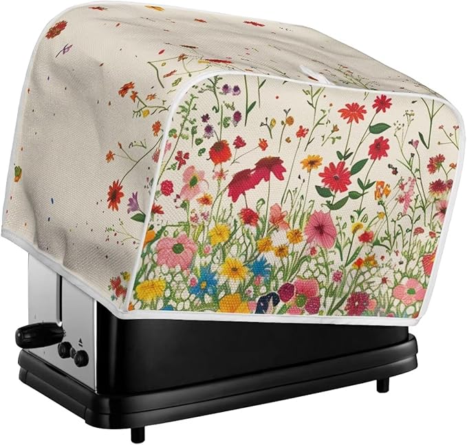 Flower Field Print Toaster Cover Washable 2 Slice Bread Maker Protector Oven Dust Cover for Small Kitchen Appliances Anti Fingerprint
