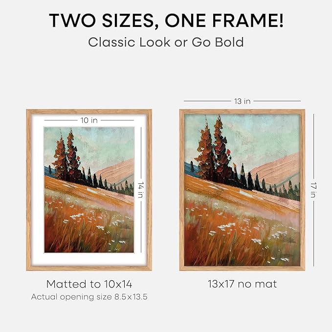Homeforia 13x17 Picture Frame Natural Wood, High End Oak 13x17 Light Wooden Poster Frame with Mat 10x14, 13 x 17 Frames Matted to 10 x 14 Photo, 17x13 Hanging Frame, Tempered Glass, Wall Kit, Set of 1
