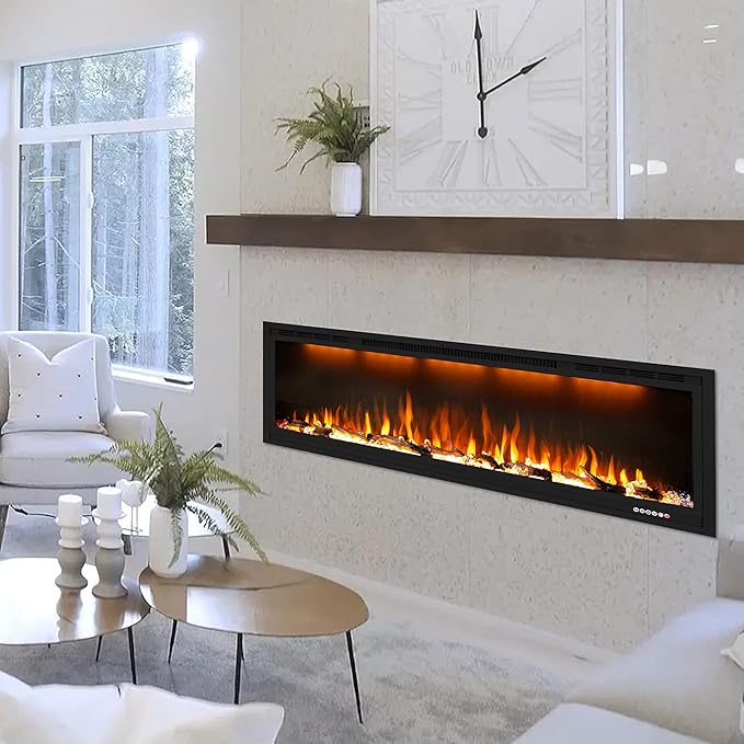 74 inch Electric Fireplace, Smart Fireplace Insert recessed in Wall and Wall Mounted fire Place Heater with Metal Frame, Multicolor Flame & Realistic logs，Thermostat& Timer, 1500W, Black